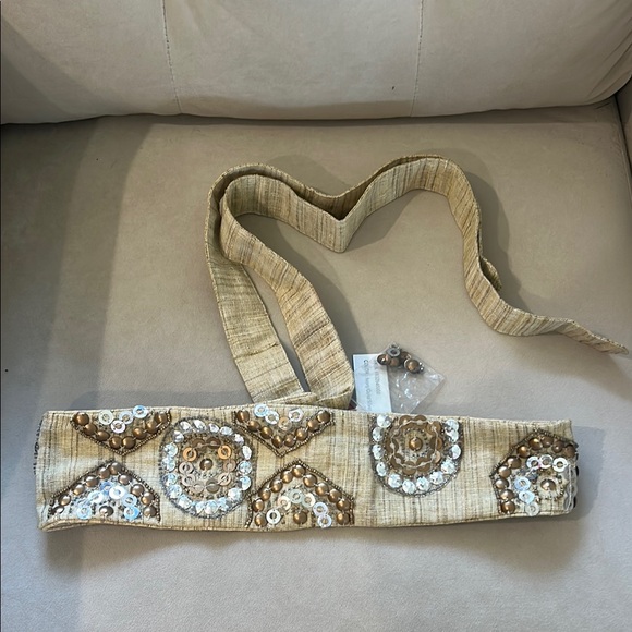 Beaded Tan Belt with Sequin Accents - Picture 1 of 7